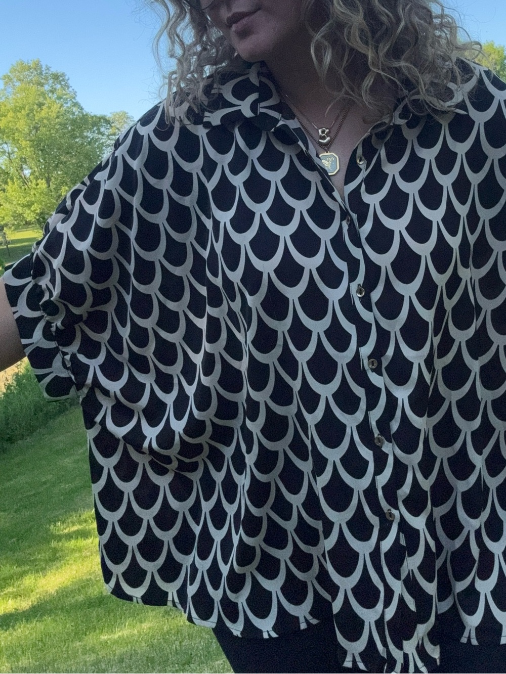 Oversized Fish Scale Button Up Blouse With Gold Buttons 🌟